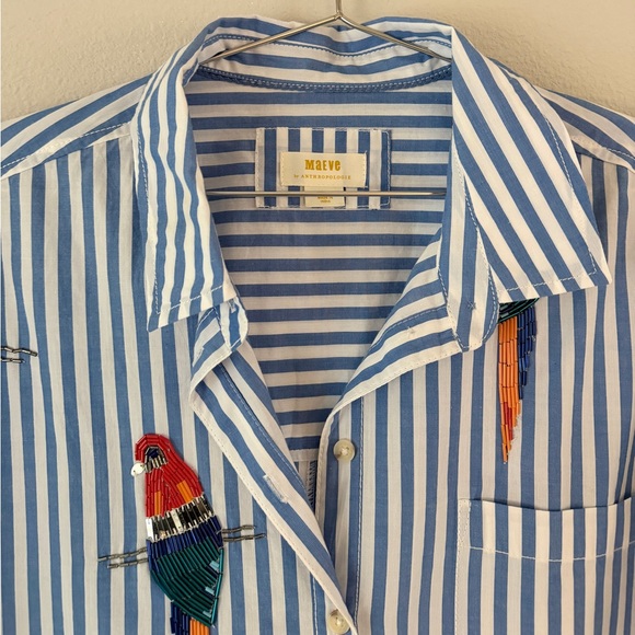 Anthropologie Maeve Oversized Striped Shirt with Parrot Beaded Embroidery - Picture 3 of 6